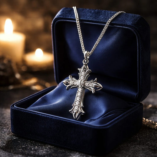 Chaîne & croix Fleur de Lys en argent 925 sertie de moissanites véritables - NEW