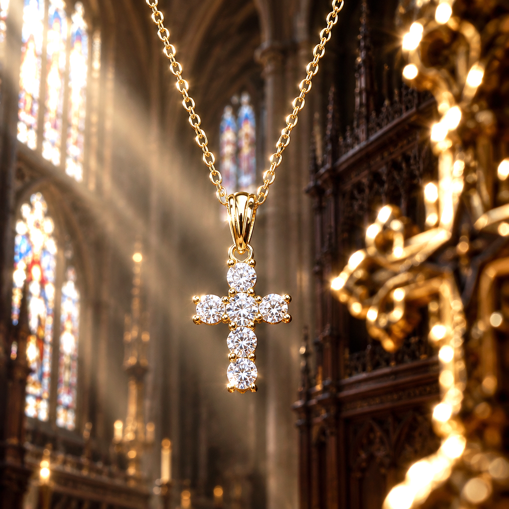 Chaîne avec croix serties de  moissanites véritables - vermeil (or sur argent 925)
