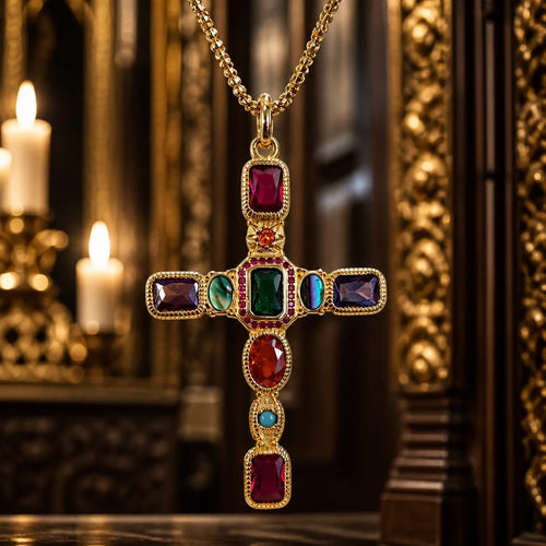 Superbe croix baroque en vermeil & verre murano