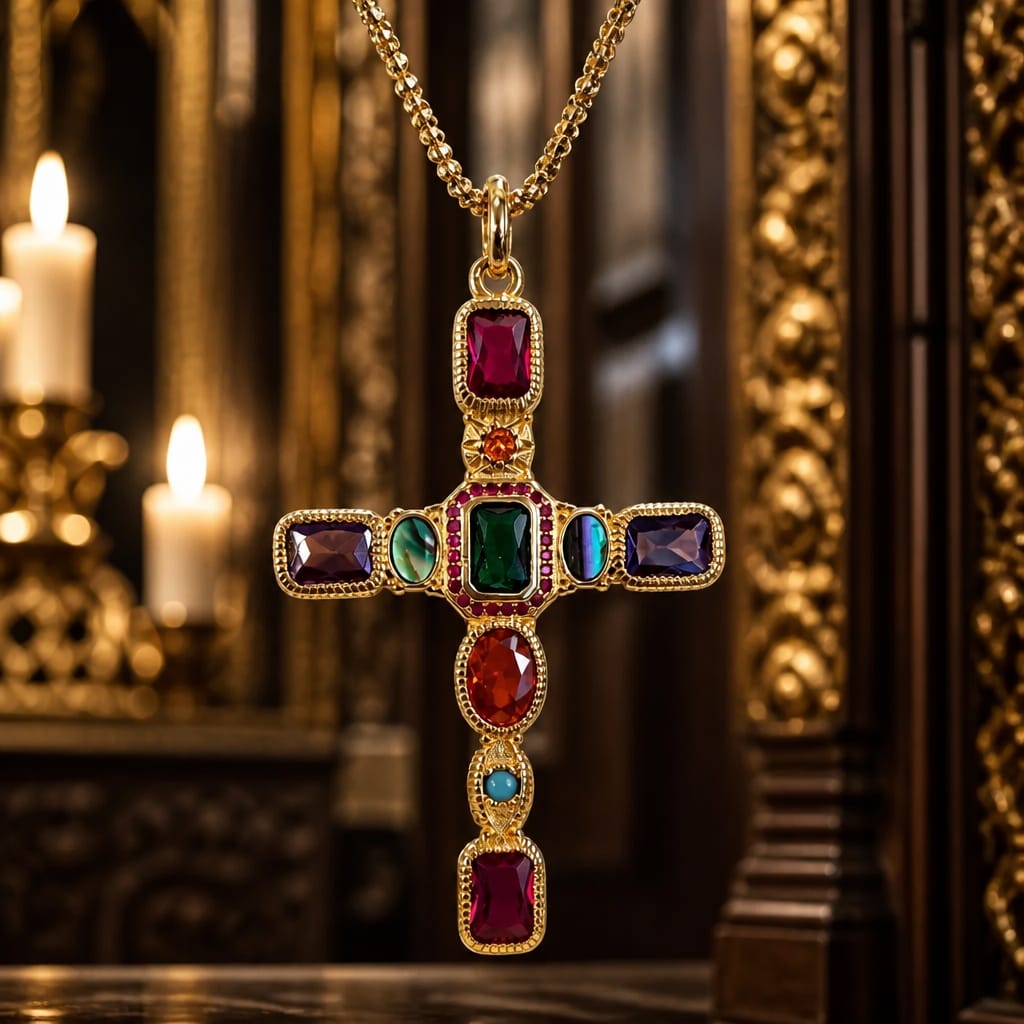 Superbe croix baroque en vermeil & verre murano
