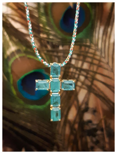 Collier corde avec croix cristaux de quartz vert d'eau - NEW - Coup de coeur