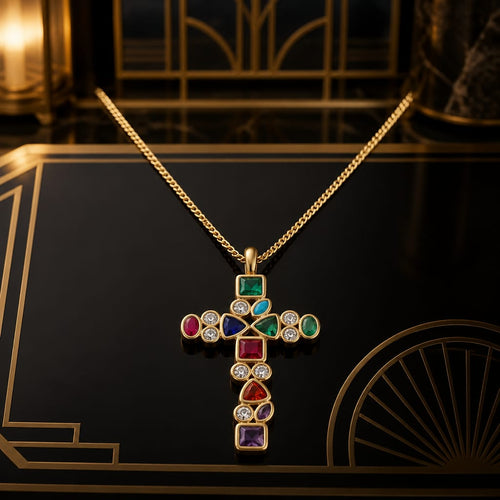 Croix Art-Déco géométrique en inox doré & cristaux colorés - NEW