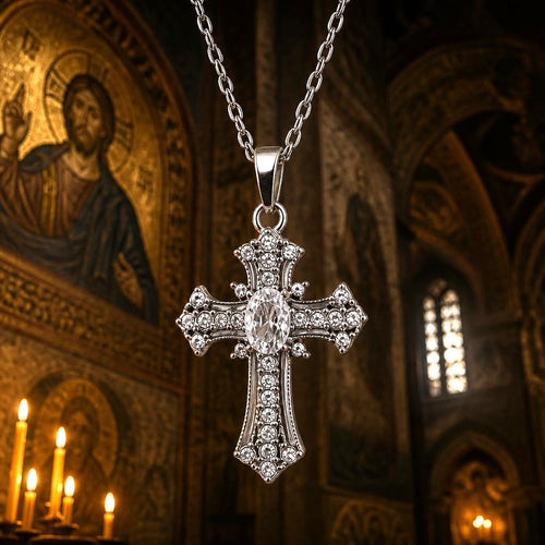 Croix baroque en inox argenté & cristaux autrichiens
