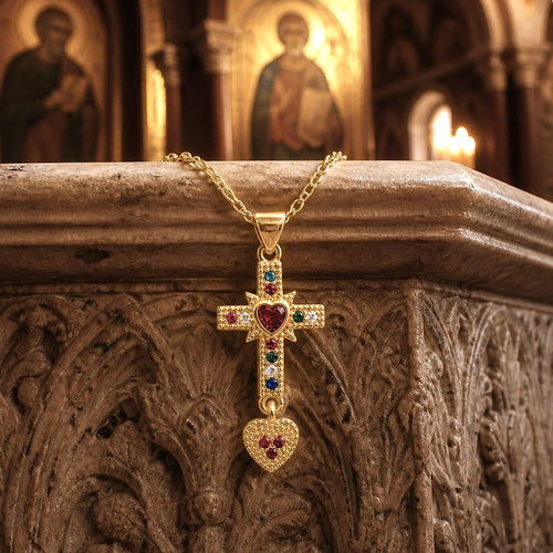 Croix baroque Sacré Coeur en inox doré & cristaux colorés - NEW