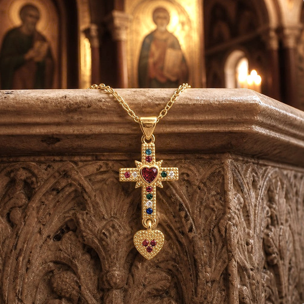 Croix baroque Sacré Coeur en inox doré & cristaux colorés - NEW