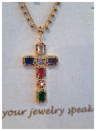 Croix baroque en inox doré avec avec cristaux colorés - NEW