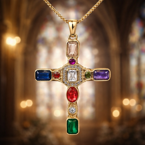 Superbe croix en inox doré avec cristaux colorés chaîne incluse - NEW