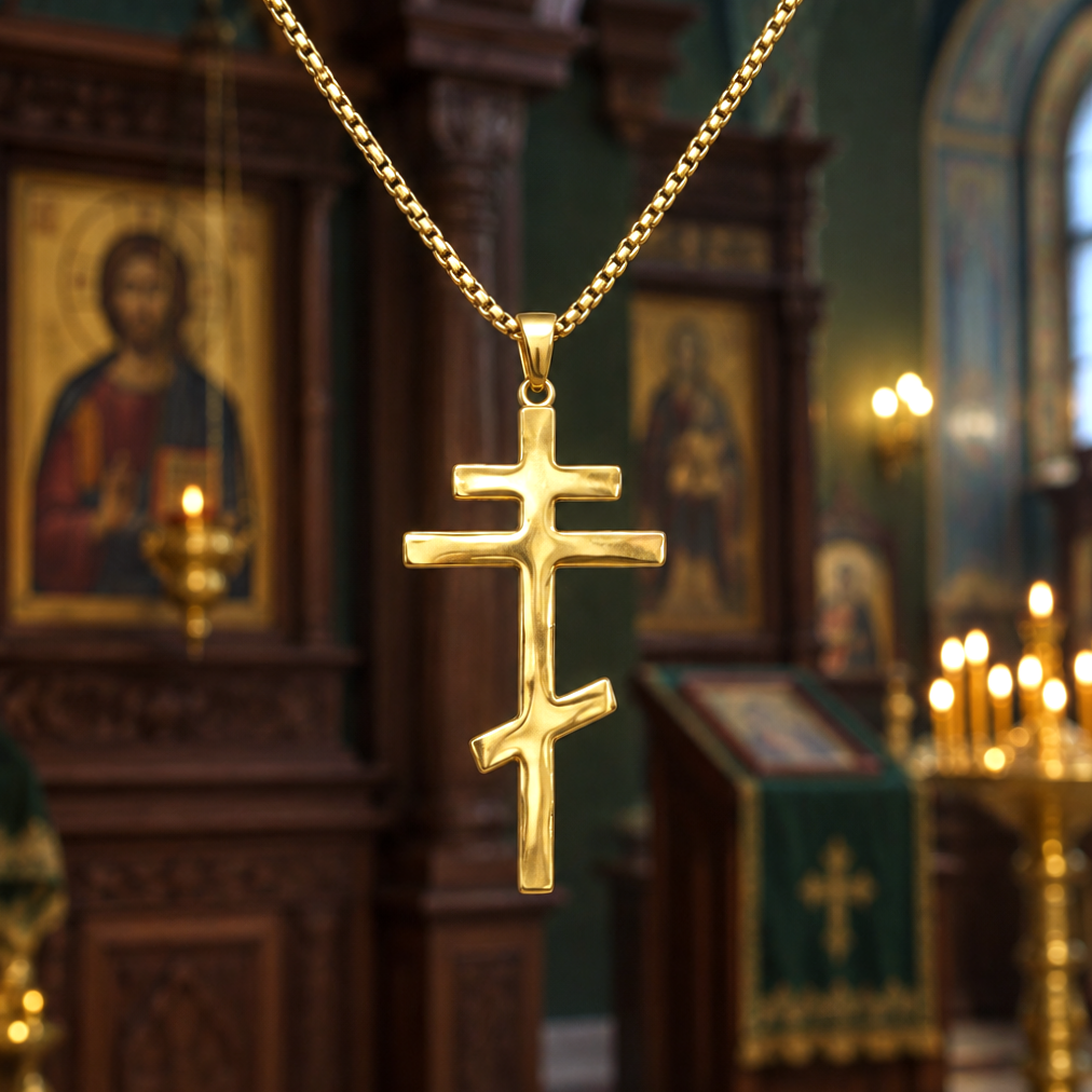 Croix Orthodoxe à Trois Traverses – Acier Inoxydable doré | Tradition et Foi
