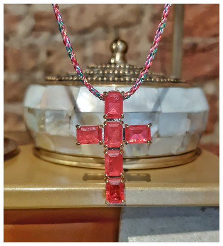 Collier corde avec croix cristaux de quartz rose pivoine - NEW - Coup de coeur