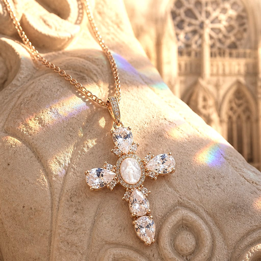 Croix Baroque Notre Dame nacre & zircons - Coup de Coeur - NEW