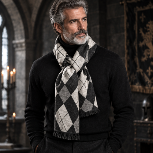 Écharpe Arlequin Noire, Ivoire & Grise - 100 % Viscose