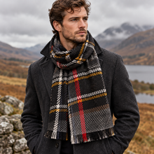 Grande Écharpe Tartan Écossais Noir, Rouge & Moutarde - Made in Italy