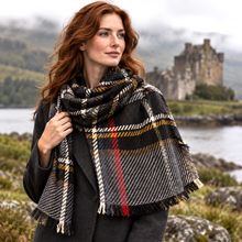 Grande Écharpe Tartan Écossais Noir, Rouge & Moutarde - Made in Italy