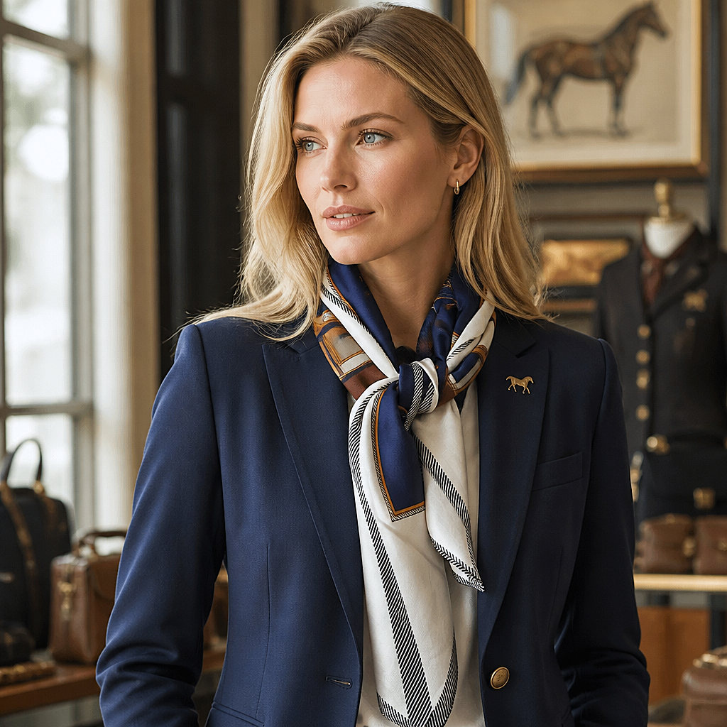 Foulard Equestre - Bleu Cavalier & Cognac - Viscose