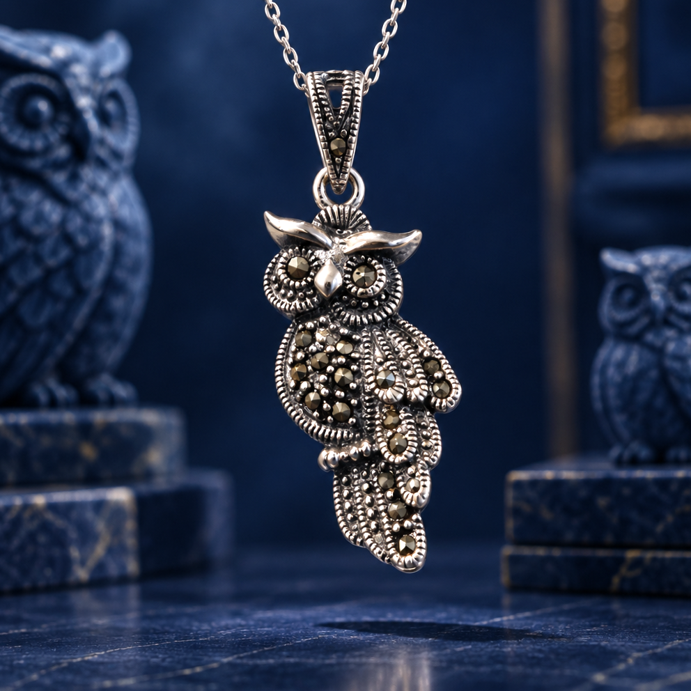 Pendentif Hibou en Argent 925 & Marcassites – Le Gardien de la Sagesse