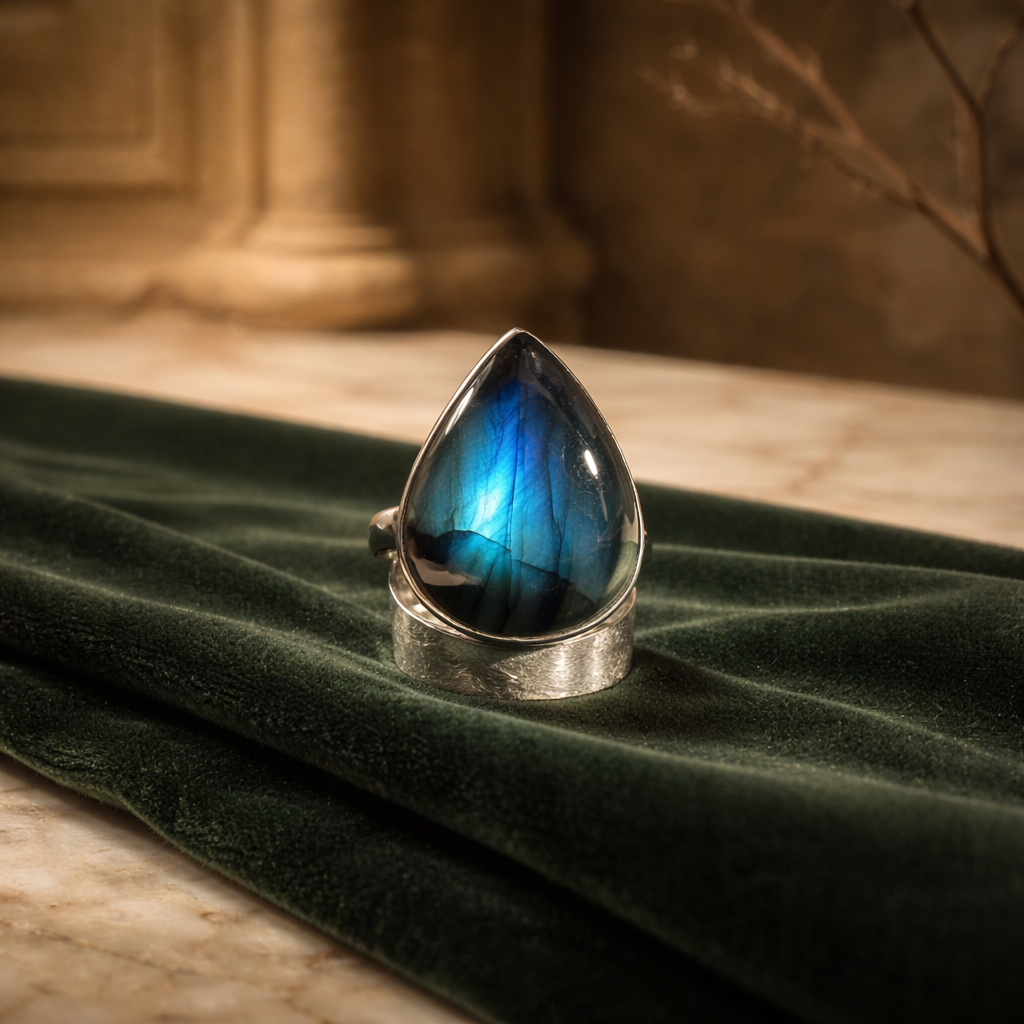 VENDUE - Bague en argent sertie d'une superbe labradorite goutte bleu intense - NEW