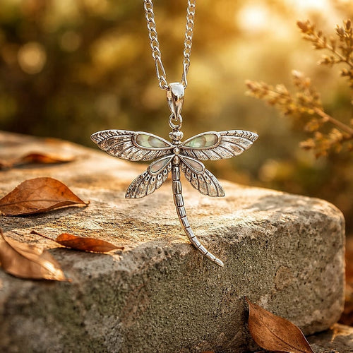 Pendentif Libellule stylisée en argent 925 et nacre d'Abalone - NEW