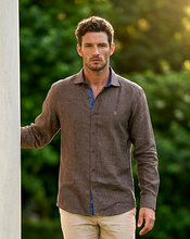 Chemise 100% lin naturel châtaigne et bleu roi - Made in France (L en stock uniquement)