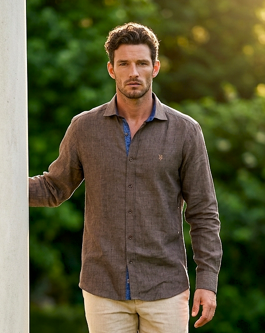 Chemise 100% lin naturel châtaigne et bleu roi - Made in France (L en stock uniquement)