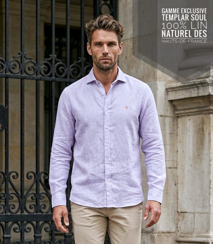 Chemise 100% lin naturel parme et blanc - Made in France (L-XL-XXL)
