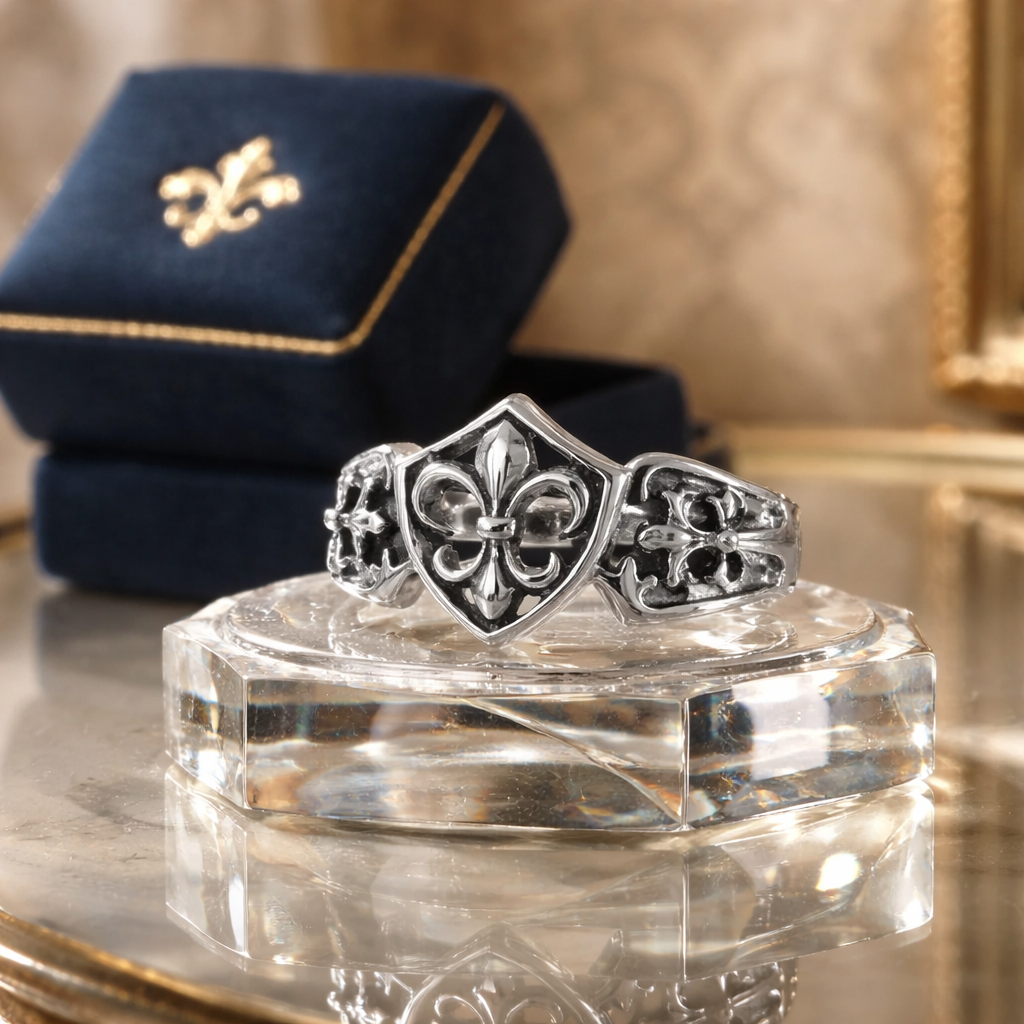 Très belle bague stylisée Fleur de Lys & croix en argent - Réassort 2026
