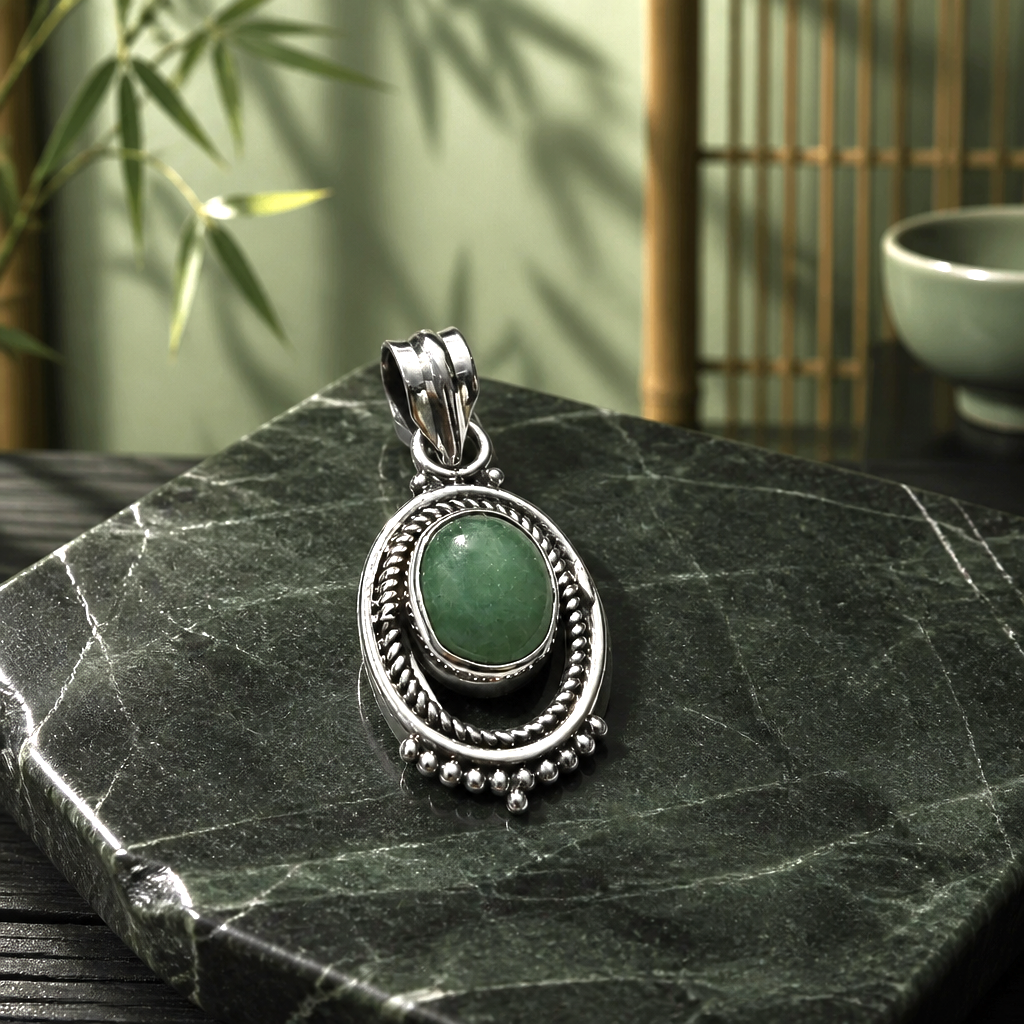 Pendentif raffiné en argent 925 et Jade chaîne Figaro incluse