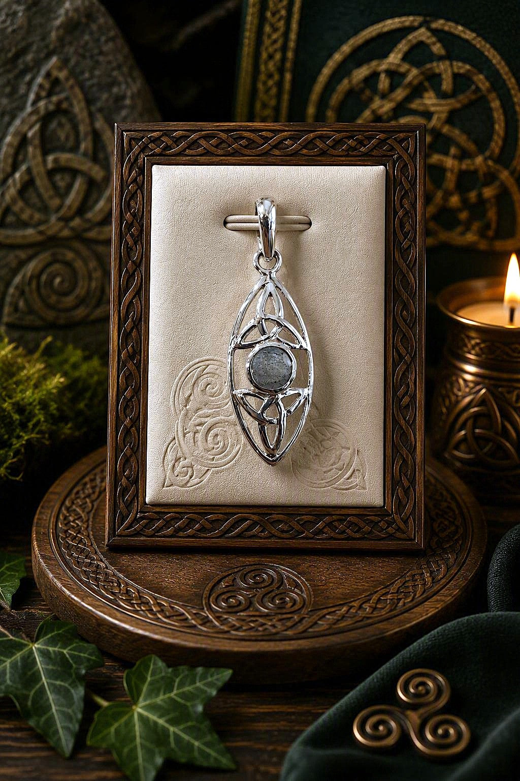 Pendentif double triquetra celtique en argent et labradorite centrale - NEW