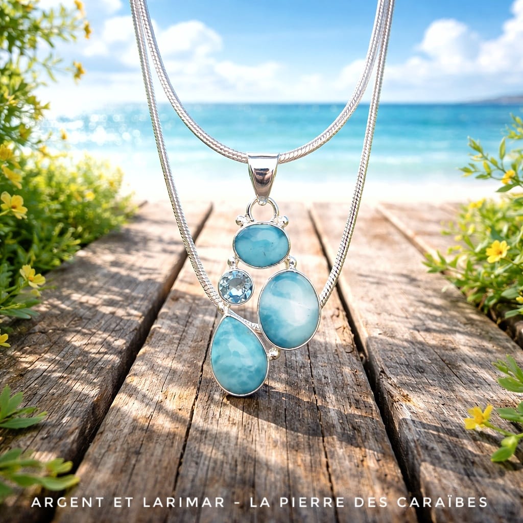 Splendide pendentif en argent & LARIMAR - la pierre venue des Caraïbes - NEW