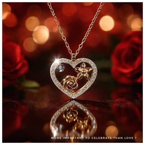 Chaîne & pendentif cœur en inox doré avec zircons, rose & fleur - NEW