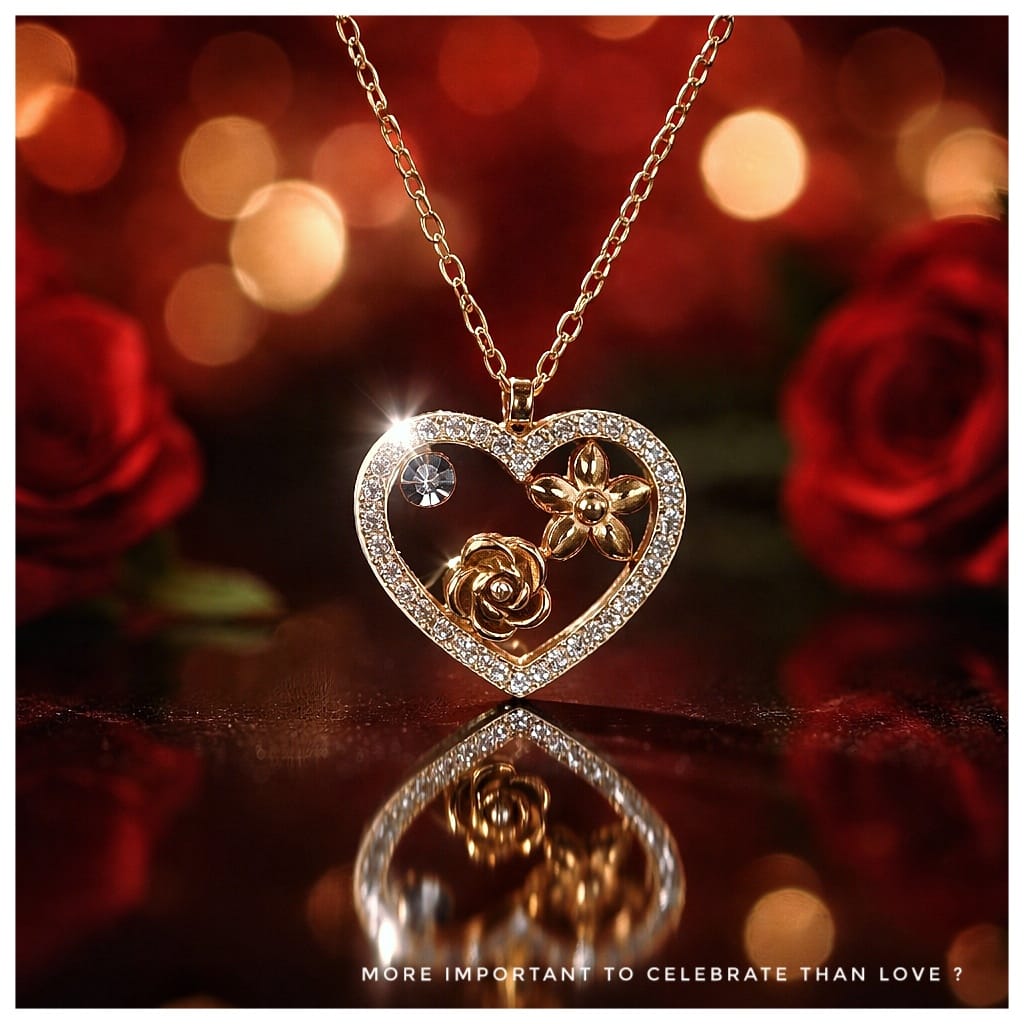 Chaîne & pendentif cœur en inox doré avec zircons, rose & fleur - NEW