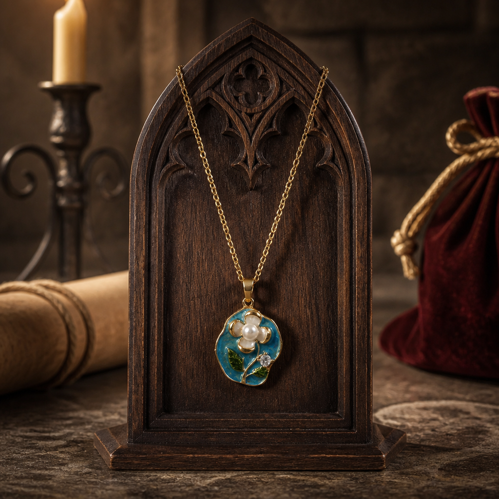 Chaîne & pendentif avec médaillon fleur - perle sur émail bleu  - NEW