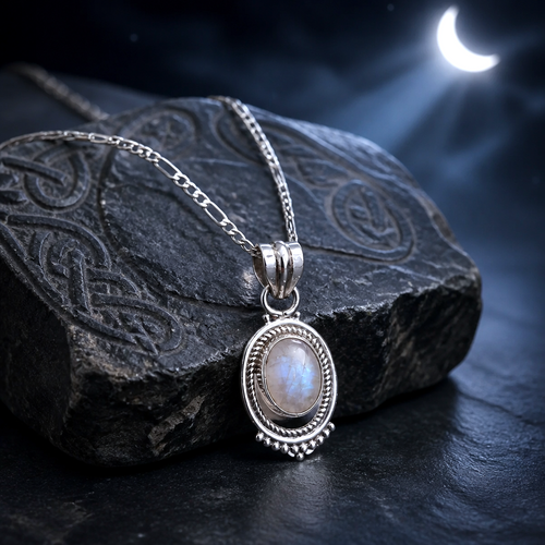 Pendentif en argent avec pierre de lune & chaîne figaro de 45 cm