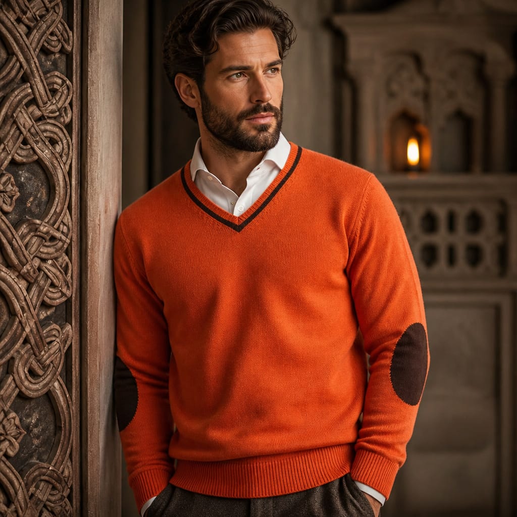 Pull Col V Templar Soul Mérinos & Cachemire - Mandarine & Brun