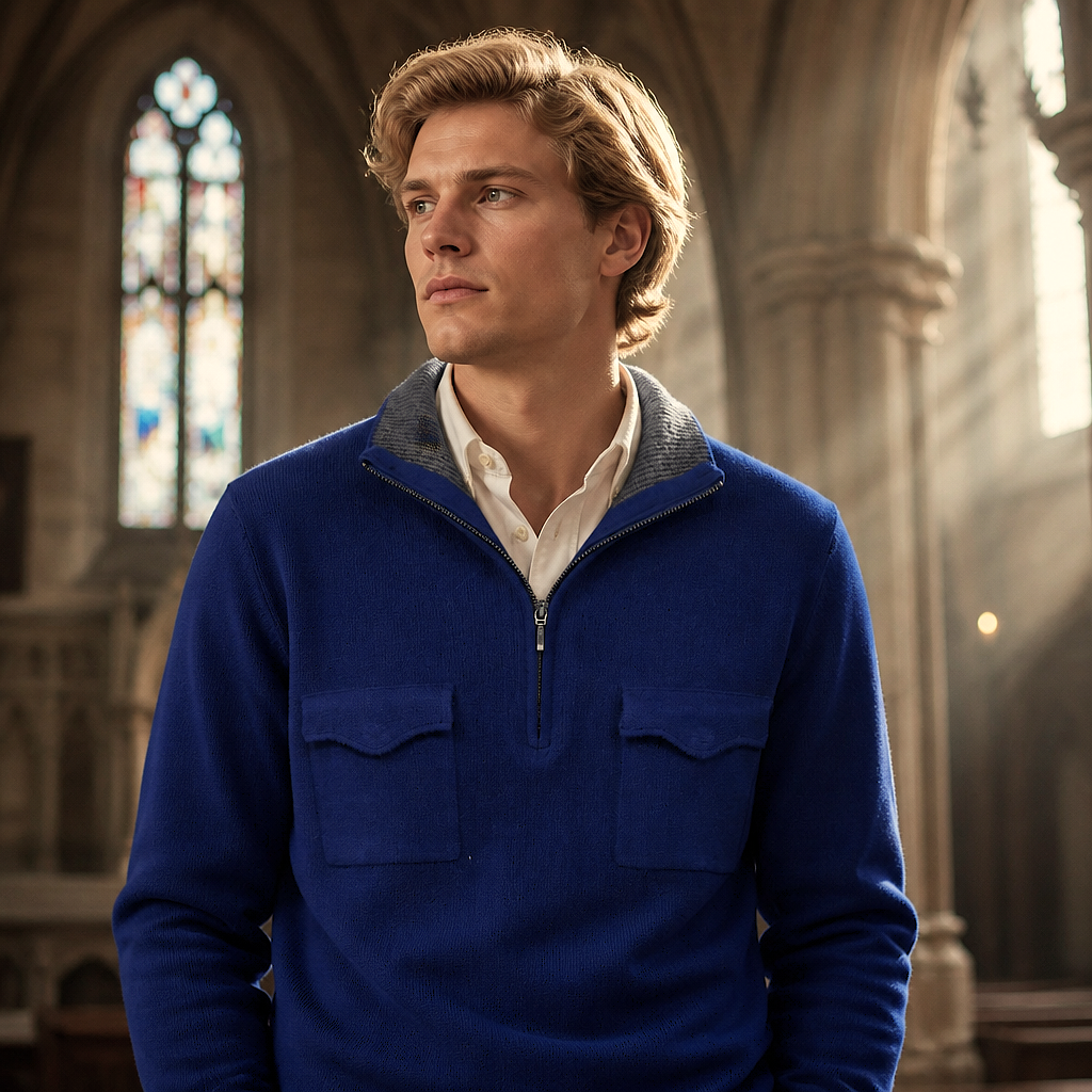 Pull Templar Soul - Col Camionneur Bleu Roi & Gris - Mérinos & Cachemire