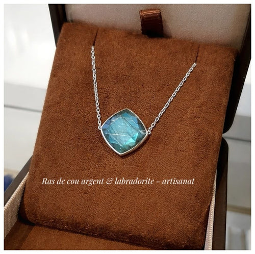 Collier ras de cou en argent & labradorite bleu-vert intense - NEW