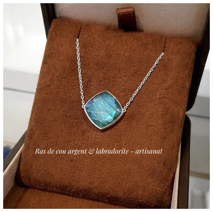 Collier ras de cou en argent & labradorite bleu-vert intense - NEW