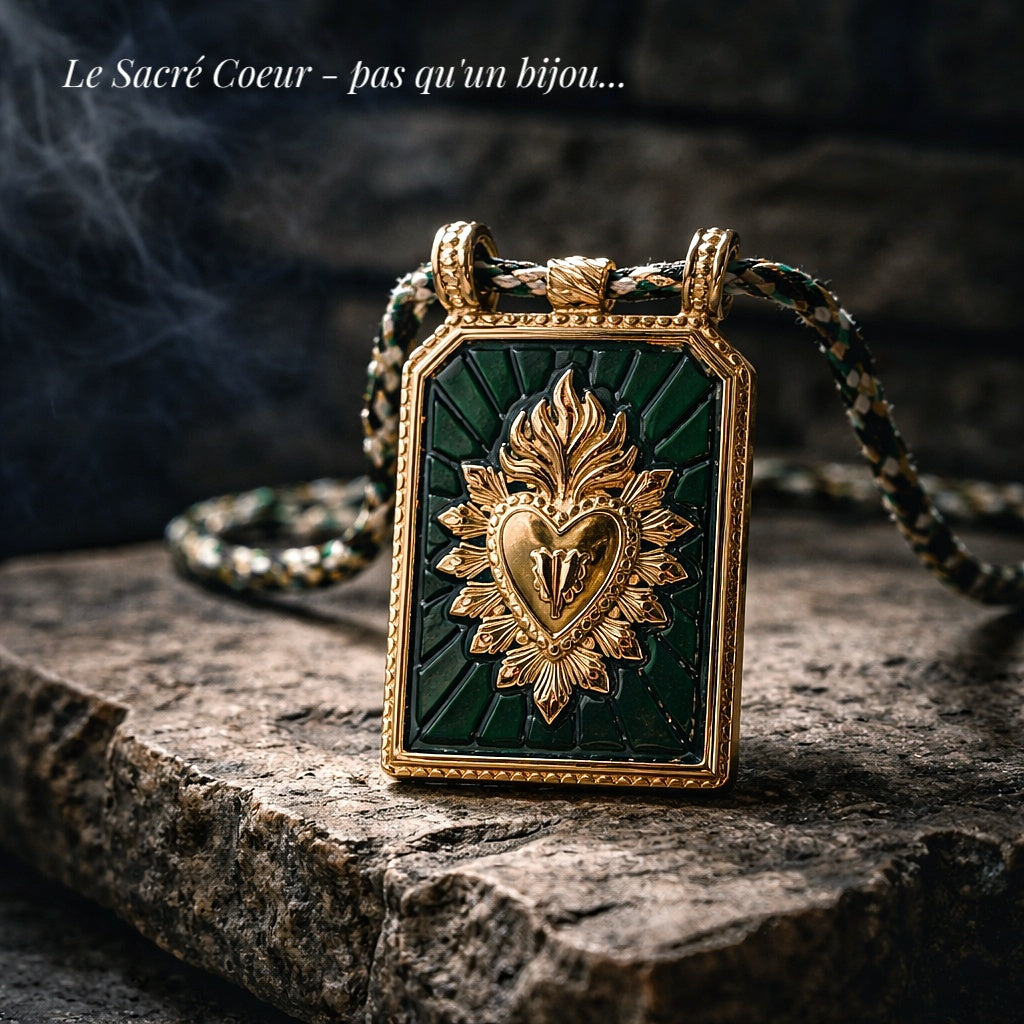 Collection Sacré Cœur / Cœur de Jésus - Collier inox doré, émail & cordage