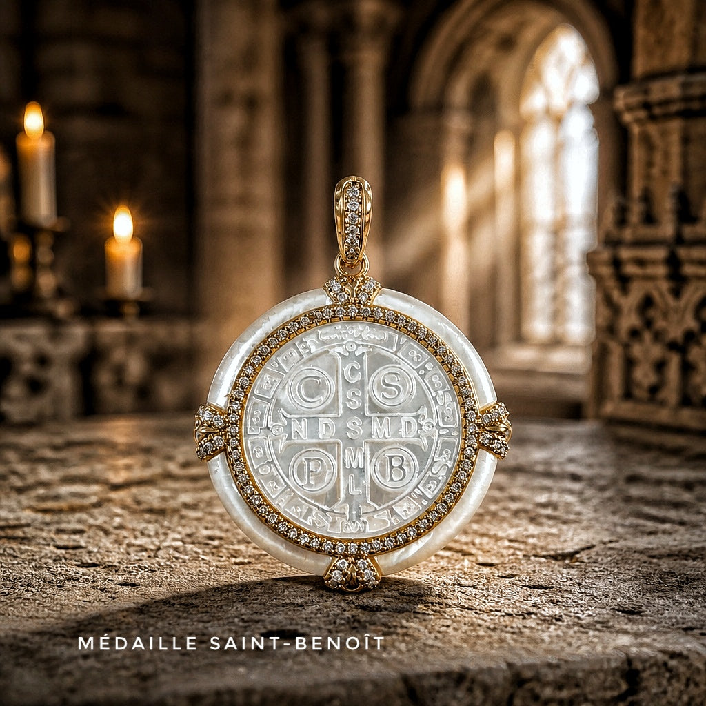 Pendentif Saint-Benoît baroque - nacre naturelle - Superbe nouveauté!