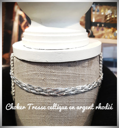 Magnifique choker (collier ras-de-cou) en argent rhodié - Tresse celtique