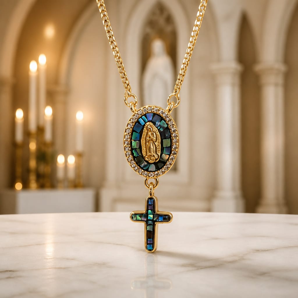 Collier Vierge Marie Romantique - Abalone & Acier Doré