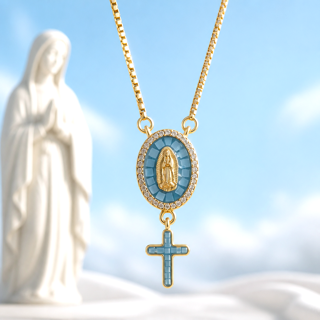Collier Vierge Marie Romantique - Nacre bleue & Acier Doré