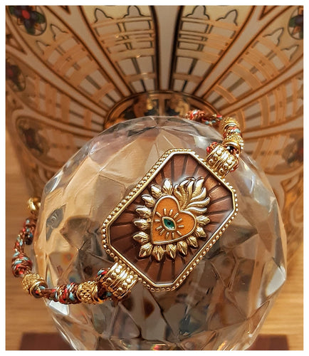 Collection Sacré Cœur / Coeur de Jésus - Bracelet inox doré, émail & cordage