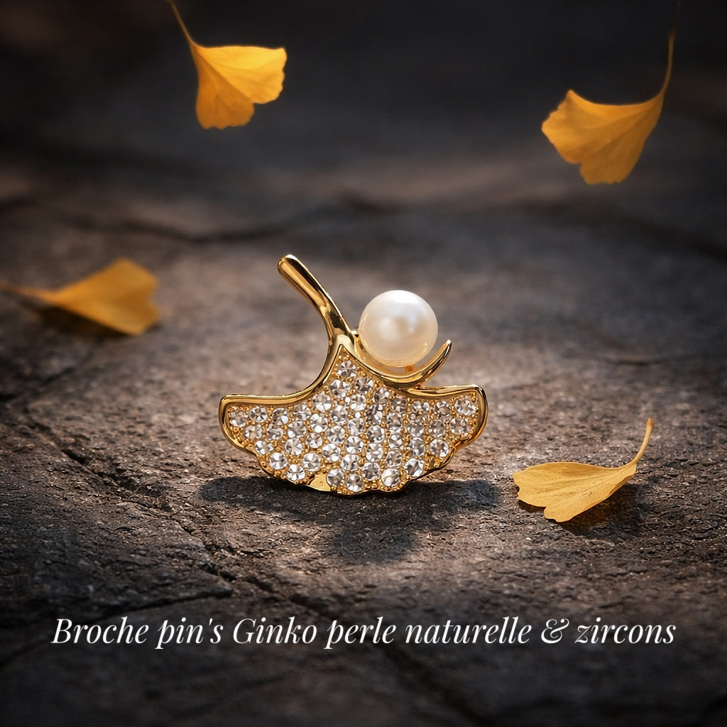 VENDU - Broche/pin's Ginko en cristaux et perle - NEW