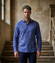 Chemise Bleu Roi  100% lin naturel, broderie Fleur de Lys dorée  - NEW