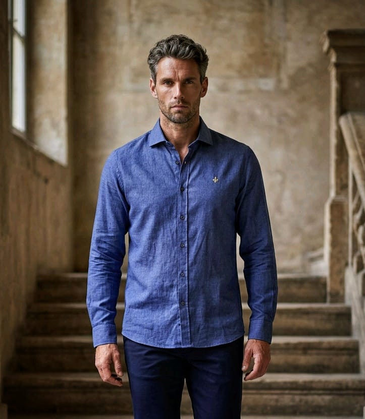 Chemise Bleu Roi  100% lin naturel, broderie Fleur de Lys dorée  - NEW