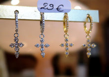 Boucles d'oreilles petits anneaux-croix en argent avec zircons - NEW