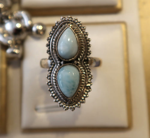 Bague en argent avec double LARIMAR - la pierre de l'été venue des Caraïbes