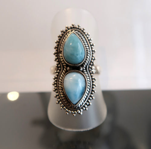 Bague en argent avec double LARIMAR - la pierre de l'été venue des Caraïbes