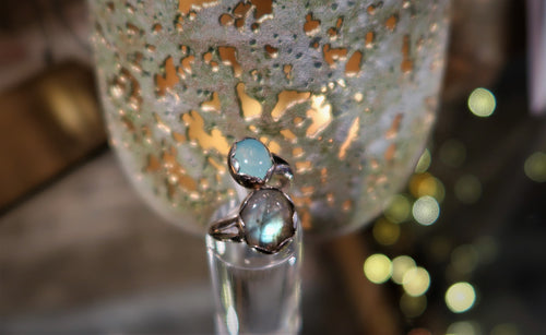 Bague en argent, joli duo d'une aqua-calcédoine & labradorite bleue - NEW