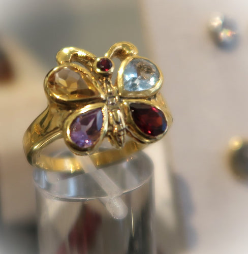Très jolie bague papillon en vermeil (or sur argent 925) avec pierres